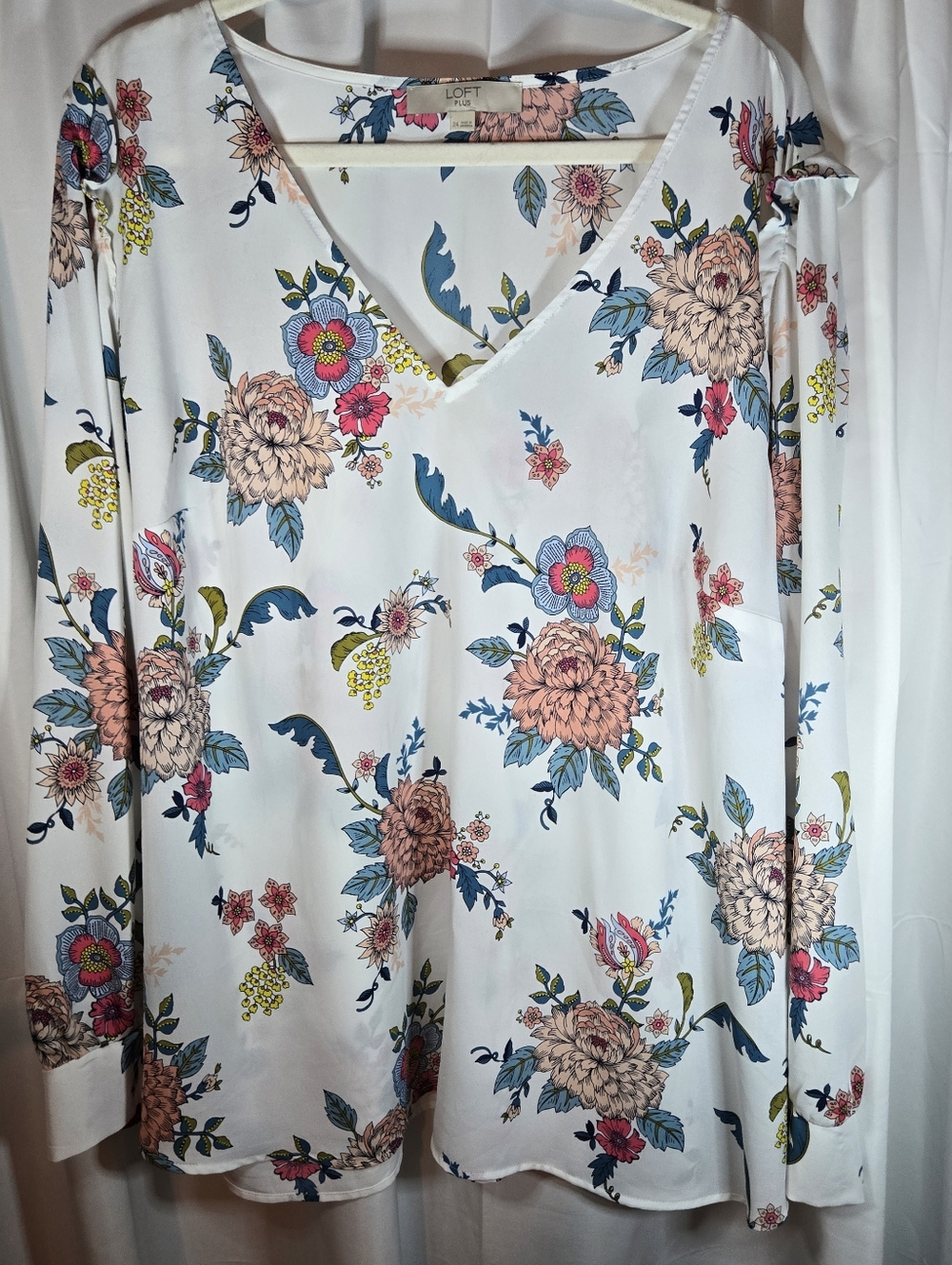 LOFT White Floral V-Neck Long Sleeve Top with Multicolor Blooms